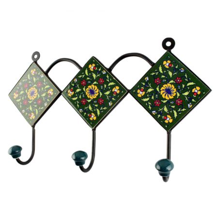 Forest Green Floral Ceramic Tile Hook